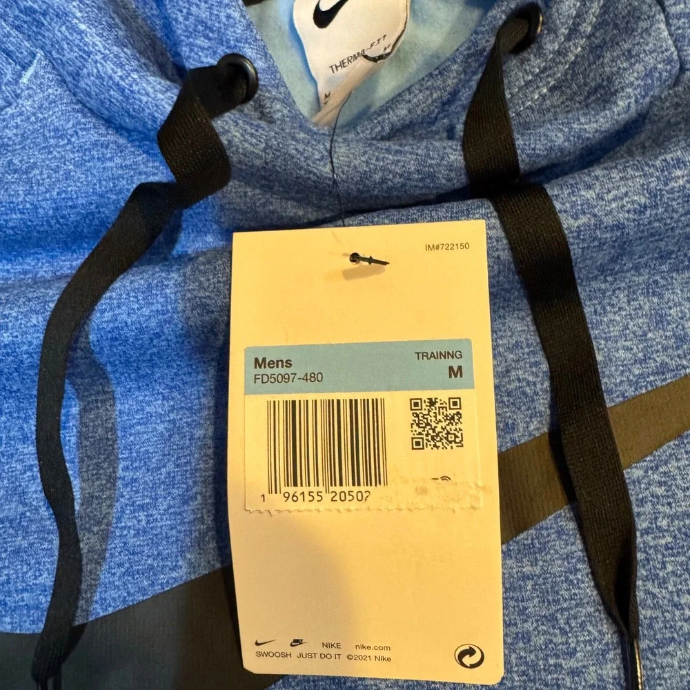 NWT Nike Therma Fit Mens Training Hoodie Blue Swoosh Logo Zipper Pocket Size M &